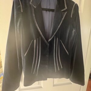 Elie Tahari navy blue Velvet Blazer with leather Accents